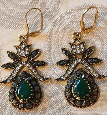 Vintage Look Drop Pierced Earrings Faux Jade,  Rhinestones Gold Tone, 2 Inch