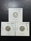 (3 Coins) 1952 1952 1954 D Mints Silver Roosevelt Dimes