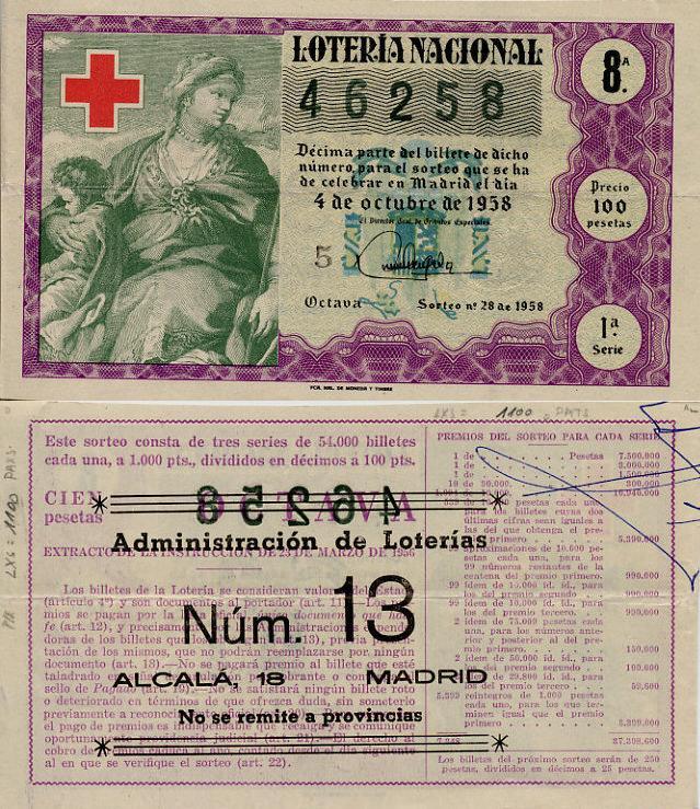 Year 1958. 100 Ptas Tenth of the bill. October 4 Red Cross.