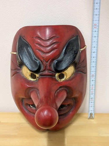 Maschera giapponese vintage Tengu Oni Kagura Noh demone rosso interno Giappone asiatico - Foto 7 di 7