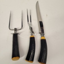Burns Meat Carving Set Knife Fork w/ Stabilizer Lift Fork & Stag Antler Handles