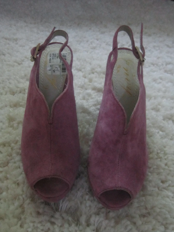 Sandalias Envy FOXY Lila Púrpura Gamuza Plataforma Cuña Peeptoe Talla 5.5 NUEVAS 4.5" Tacón Foto 2 de 4