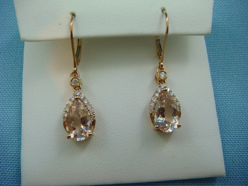 5 Ct Pear Created Morganite Leverback Dangle Drop Earrings 14K Rose Gold Finish - Image 2 of 4