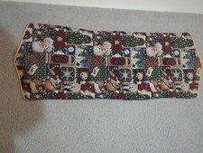 Christmas Holiday Tapestry Table Runner Double Sided Santa Reindeer Candy Red