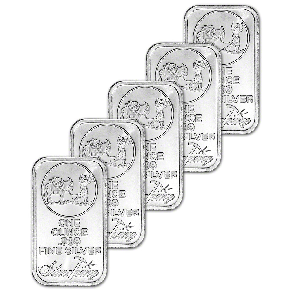 FIVE 1 oz. SilverTowne Silver Bar - Trademark Prospector Design