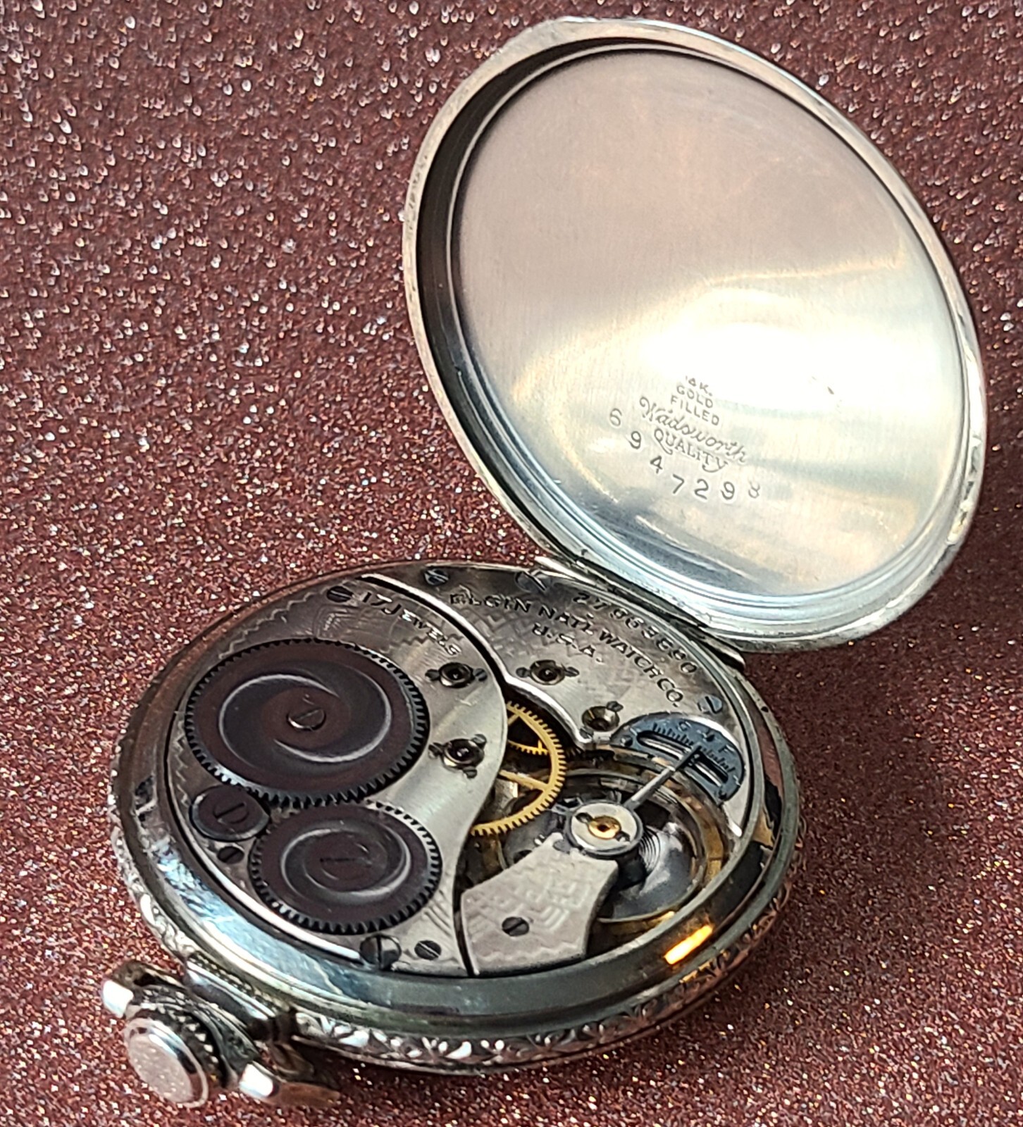 14K GF Art Deco Elgin Grade 345 - 12s 17j - Ruby & Sapphire - Pocket W Runs Well - Picture 8 of 9