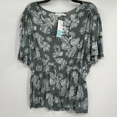 NWT Lush Top Women's Size XL Olive Green Floral Flutter Sleeve V Neck Boho Beach
