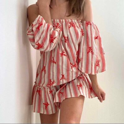MISA NWT Off The Shoulder Stripe Red Ivory Floral Embroidered Mini Dress S