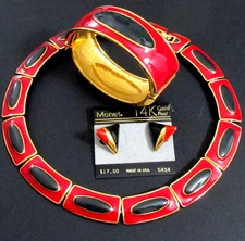 VTG RUNWAY BOLD MODERNIST MONET RED BLACK ENAMEL GP NECKLACE BRACELET EARRINGS