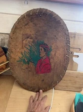 14.5” x 19.25” Dugout Wooden Bowl,wrapped in rawhide, hand painted folk art