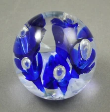 Joe St. Clair Art Glass Round Paperweight Blue Floral on White Base
