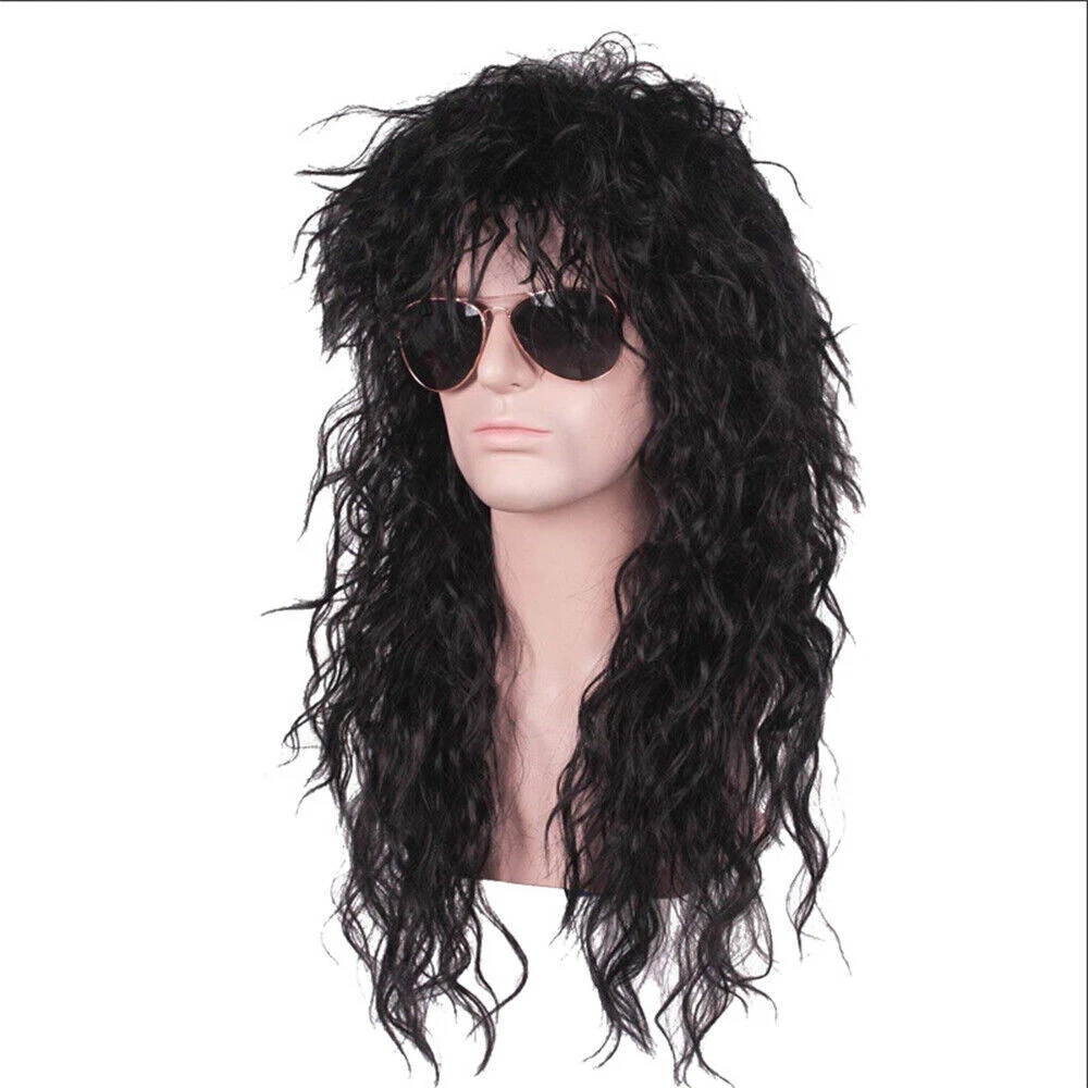 Men s Long Black Curly Glam Rocker Wig for Adult Rockstar Costume