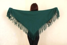 Green shawl with fringe, Wool pashmina, Vintage Ukrainian scarf, Winter scarves