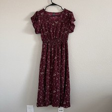 Women’s medium midi cinched waist flutter sleeve burgundy floral dress cottage