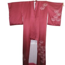 Traditional Japanese Maroon Silk Kimono Fan Pattern White Lining Hand Sewn VTG