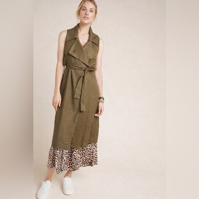 Anthropologie Hollis Tie-Front Trench Vest Olive Green Linen Blend | Size XS
