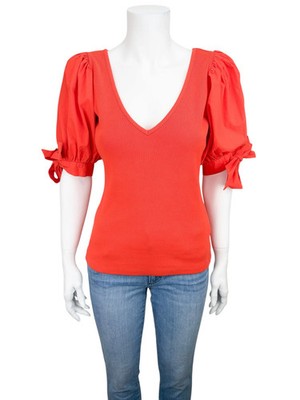 Anthropologie Maeve Women's Ribbed Knit Puff Sleeve Top Orange Size S