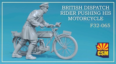 1/32 British Dispatch Rider pushing his motorcycle