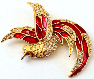 Signed Giorgio Gold Rhinestones & Red Enamel Flying Bird Brooch Vintage
