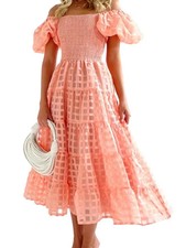Gingham & Heels Bianna Pink/Coral Puff Sleeve Midi Dress Coquette Cottagecore 10