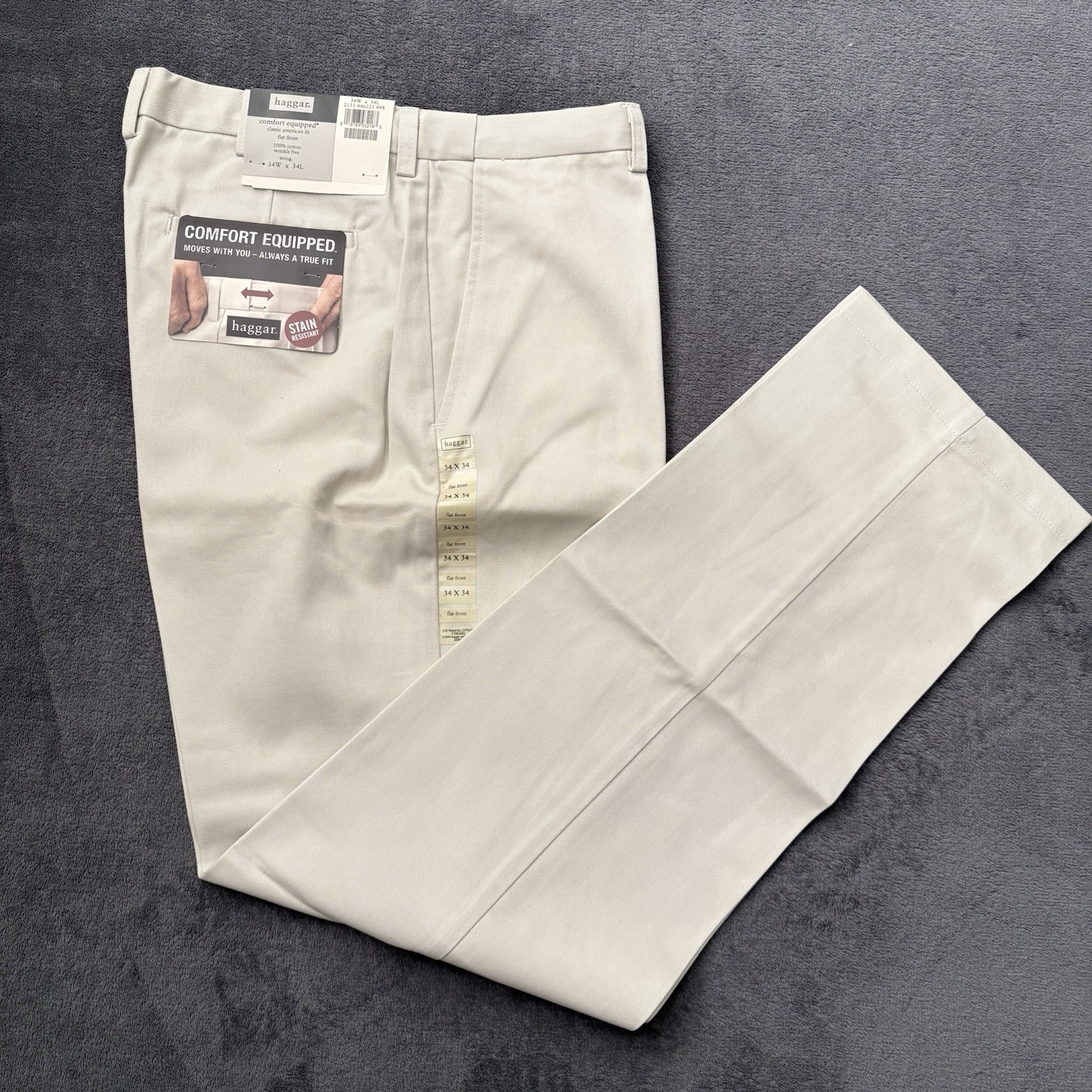 HAGGAR Khaki Mens Pants 34x34 Classic Fit Flat Front Comfort Equipped Beige NWT