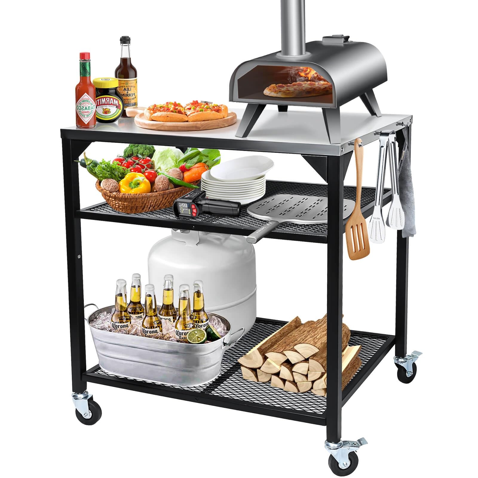 Black Pizza Oven Table Cart for Ninja Woodfire Blackstone Cuisinart Grills