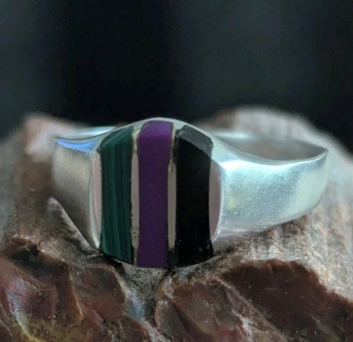 Vintage Mexico Silver Malachite Onyx Inlay Stripe Ring Size 8.5 Southwestern Art