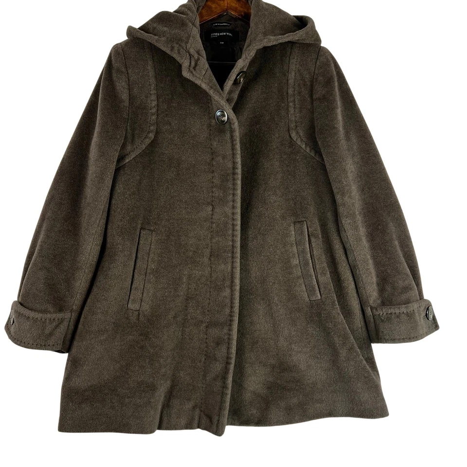 Abrigo Jones New York Mezcla Lana/Angora Marrón Con Capucha Talla 12P Forrado Felpa Acogedor Usado en Excelente Condición Foto 3 de 4