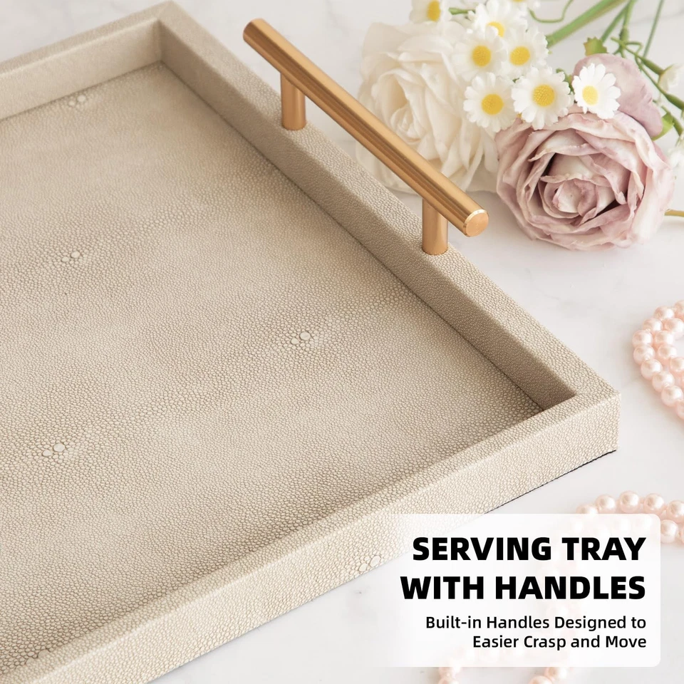 Modern Decorative Tray Set of 2 Ivory Shagreen Leather and Wood Serving Tray ... - Image 4 of 4