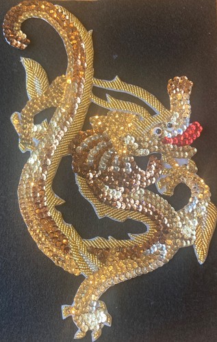 GOLDEN DRAGON Sequins and Beads Applique Patch VTG 80s 90s Wearable ART 12"