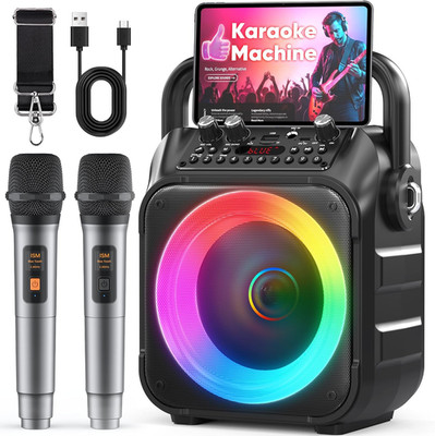 Karaoke Maschine mit 2 kabellosen Mikrofonen: Tragbarer Bluetooth Karaoke Lautsprecher 