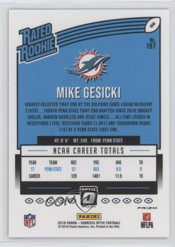 2018 Donruss Optic Rated Rookie Teal Velocity Prizm Mike Gesicki #187 Rookie RC - Zdjęcie 2 z 3