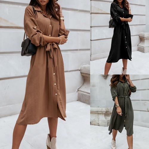 Women Long Sleeve Shirt Dress Ladies Ol Work Pleated Button Down Belt Midi Dress - Picture 3 of 24