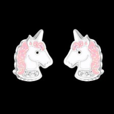 925 Sterling Silver Unicorn Stud Earrings Pink Glitter Crystal Xtra Set Backing