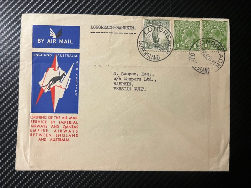 1931 Australia Airmail First Flight Cover FFC Longreach to Bahrain Persian Gulf