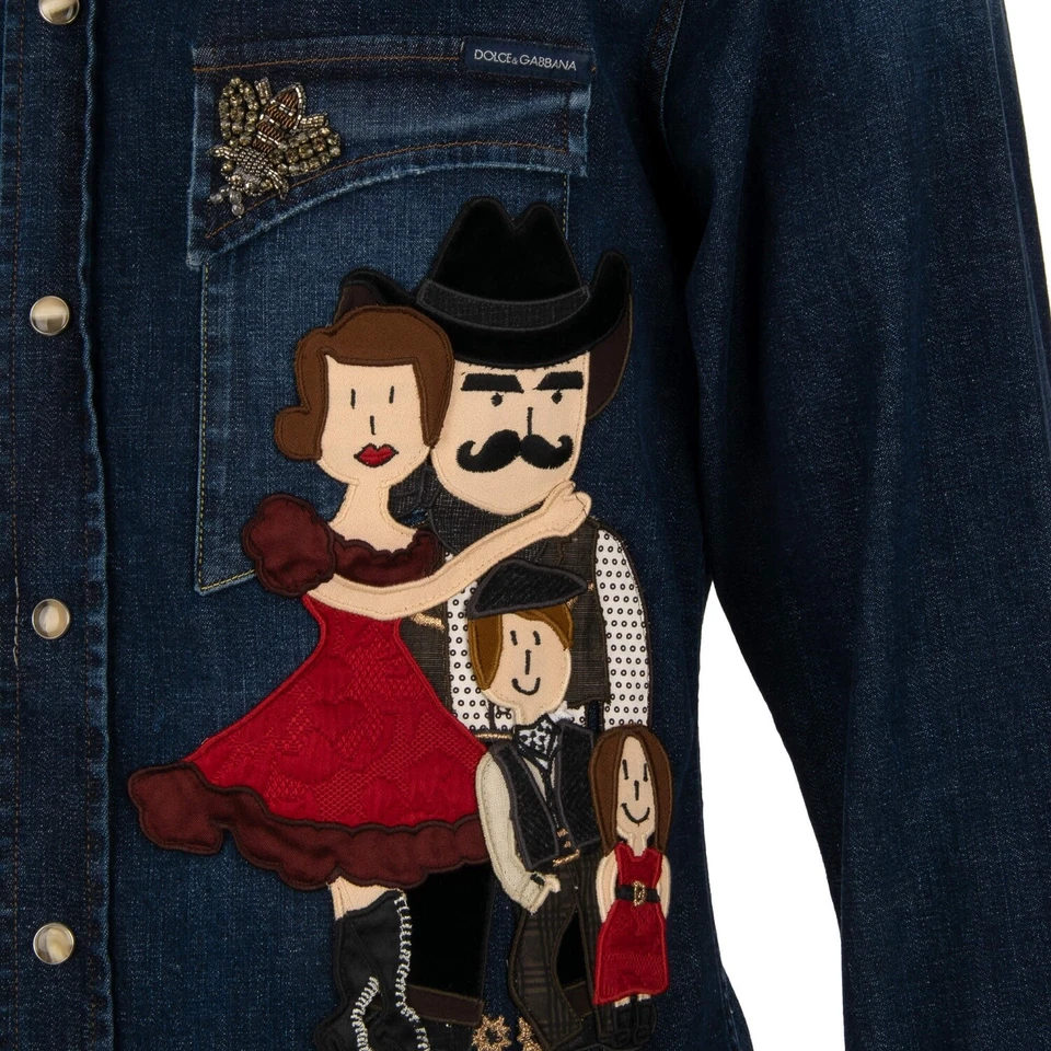 DOLCE & GABBANA Goldwork Rose Crystal Bees Denim Jeans jacket Shirt Blue 39 S - Image 3 of 4