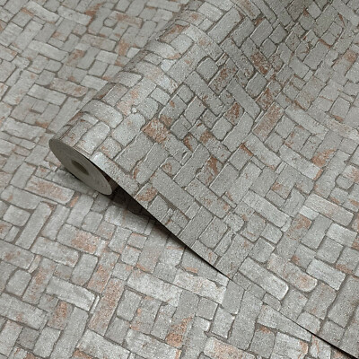 Brass coper metallic faux small brick stone tiles textured modern wallpaper roll