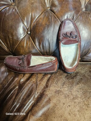 BOZEMAN MONTANA Men's Warm Slippers Faux Fur Moccasin Leather Shoes 8M BRAZIL