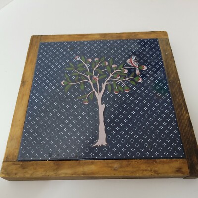 Vtg. Piemme Tile Trivet Wood Frame Partridge in A Pear Tree Blue Italy Bird 