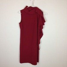 Vince Camuto Sheath Dress Sz 0P Womans Petite Red Knit One Shoulder Side Ruffle