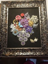 Vintage and modern jewelry art framed. Beautiful floral bouquet 