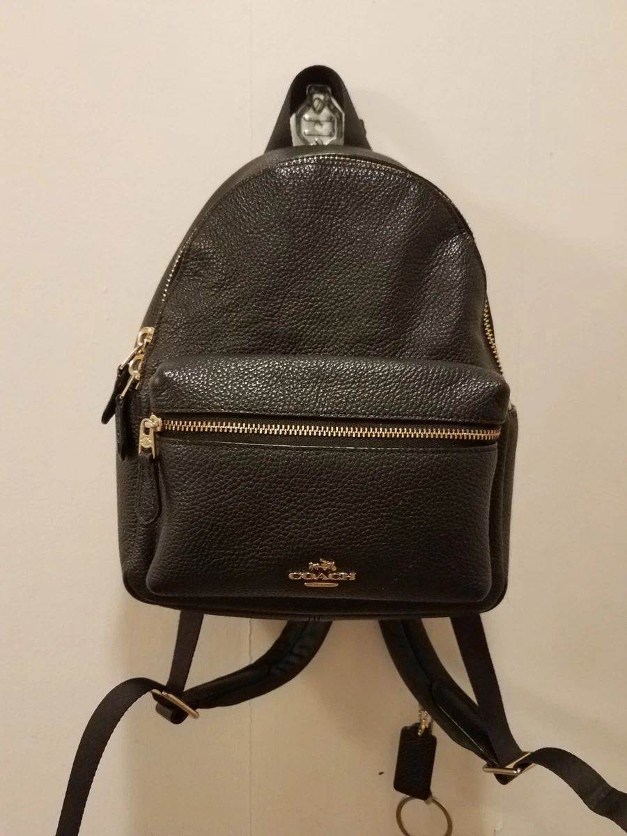 Coach Mini Charlie Backpack Soft Pebble Leather Solid Black + Extra Key Ring