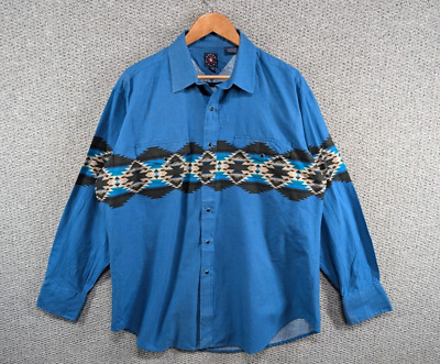 Panhandle Slim Vintage Blue Native Aztec Navajo Pattern Snap Button Shirt XL