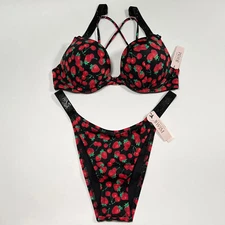 Victoria Secret 36DD L Bombshell Push Up Top Bikini Set Shine Strap Cherry Print