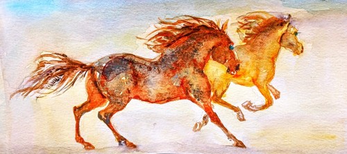 Horses running Art watercolor painting signed,stallion,equestrian,equine 8x3.7" - Picture 4 of 6