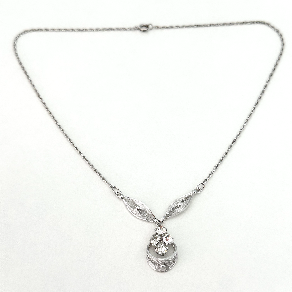 Vintage Sorrento Designer Signed 925 Sterling Silver Clear Crystal Drop  Necklace