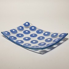 Rectangular Fused Art Glass Blue White Polkadot Design Trinket Dish Vanity Plate