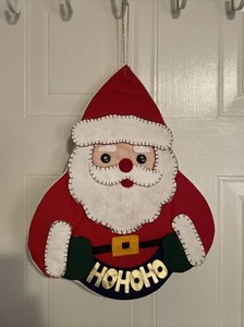 Vintage Santa Claus HOHOHO 11x14 Wall Hanging Felt Fabric Button Eyes Christmas