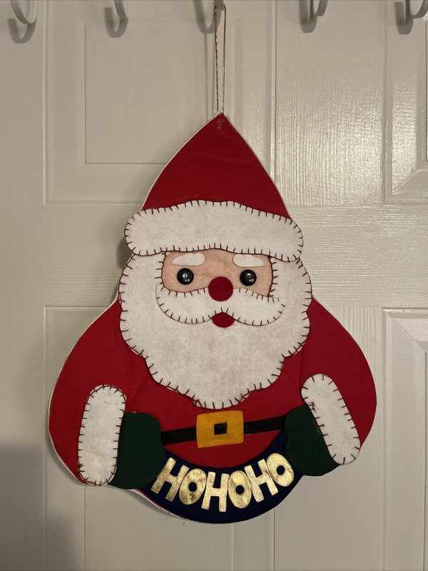 Vintage Santa Claus HOHOHO 11x14 Wall Hanging Felt Fabric Button Eyes Christmas