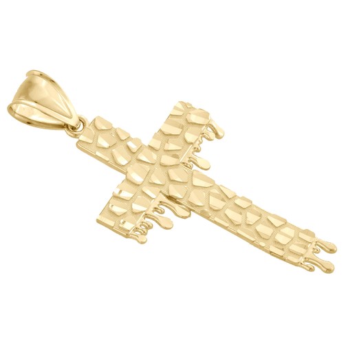 10K Yellow Gold Nugget Ore Style Cross Pendant Blood Dripping Unisex Charm 2.25" - Picture 4 of 6